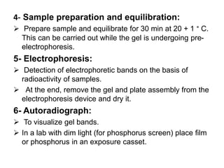 4- Sample preparation and equilibration:
 Prepare sample and equilibrate for 30 min at 20 + 1 ° C.
This can be carried out while the gel is undergoing pre-
electrophoresis.
5- Electrophoresis:
 Detection of electrophoretic bands on the basis of
radioactivity of samples.
 At the end, remove the gel and plate assembly from the
electrophoresis device and dry it.
6- Autoradiograph:
 To visualize gel bands.
 In a lab with dim light (for phosphorus screen) place film
or phosphorus in an exposure casset.
 