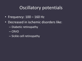 Oscillatory potentials
• Frequency: 100 – 160 Hz
• Decreased in ischemic disorders like:
– Diabetic retinopathy
– CRVO
– Sickle cell retinopathy
 