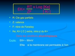 RT x Log [Ke]
          EK=
              ZF       [ Ki ]
 R: Cte gaz parfaits
 Z: valence
 F: nbre de Faraday
 Ke, Ki= [ C ] extra, intra ¢ du K+
         Dans les conditions physiologiques
Exple:     EK= - 90mV
           ENa    si la membrane est permeable à l’ion
 