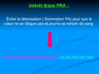 Intérêt Φque PRA :


 Éviter la tétanisation ( Sommation PA) pour que le
cœur ne se fatigue pas et pourra se remplir de sang




Muscle cardiaque obéit à la Loi du tout ou rien .
 