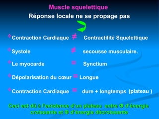 Muscle squelettique
        Réponse locale ne se propage pas


Contraction Cardiaque    ≠   Contractilité Squelettique

Systole                 ≠    secousse musculaire.

Le myocarde             =    Synctium

Dépolarisation du cœur   = Longue
Contraction Cardiaque    =   dure + longtemps (plateau )

Ceci est dû à l’existence d’un plateau entre Φ d’énergie
         croissante et Φ d’énergie décroissante
 