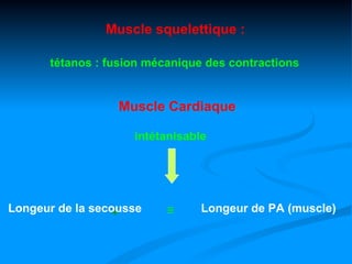 Muscle squelettique :

      tétanos : fusion mécanique des contractions


                  Muscle Cardiaque

                    intétanisable




Longeur de la secousse
                  ÷       ≡     Longeur de PA (muscle)
 