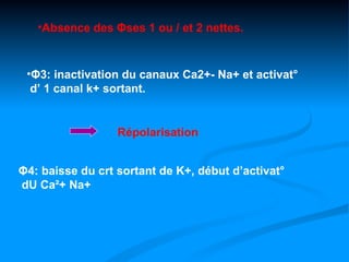 •Absence des Φses 1 ou / et 2 nettes.



 •Φ3: inactivation du canaux Ca2+- Na+ et activat°
  d’ 1 canal k+ sortant.


                  Répolarisation


Φ4: baisse du crt sortant de K+, début d’activat°
dU Ca²+ Na+
 
