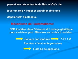 permet aux crts entrants de Na+ et Ca²+ de

jouer un rôle + impot et entraîner ainsi une

dépolarisat° diastolique.

   Mécanisme de l’automatisme:
  PPM instable: du à l’absence d’1 codage génétique
  pour certaines prot. Mbnaires au nv des ¢ nodales.

              Canaux non matures               Ces ¢ st
             Restées à l’état embryonnaires

                     Fuite tjs de qpesions.
 