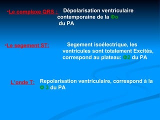 •Le complexe QRS : Dépolarisation ventriculaire
                  contemporaine de la Φo
                   du PA



•Le segement ST:        Segement isoélectrique, les
                      ventricules sont totalement Excités,
                      correspond au plateau: Φ2 du PA



  L’onde T: Repolarisation ventriculaire, correspond à la
            Φ 3 du PA
 