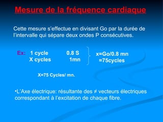 Mesure de la fréquence cardiaque

Cette mesure s’effectue en divisant Go par la durée de
l’intervalle qui sépare deux ondes P consécutives.


 Ex: 1 cycle         0.8 S        x=Go/0.8 mn
     X cycles         1mn          =75cycles

         X=75 Cycles/ mn.


•L’Axe électrique: résultante des ≠ vecteurs électriques
correspondant à l’excitation de chaque fibre.
 