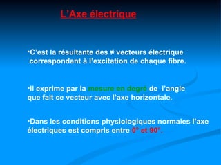 L’Axe électrique


•C’est la résultante des ≠ vecteurs électrique
 correspondant à l’excitation de chaque fibre.


•Il exprime par la mesure en degré de l’angle
que fait ce vecteur avec l’axe horizontale.


•Dans les conditions physiologiques normales l’axe
électriques est compris entre 0° et 90°.
 
