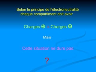 Selon le principe de l’électroneutralité
  chaque compartiment doit avoir


    Charges ⊕ = Charges Θ

                 Mais


   Cette situation ne dure pas


                  ?
 