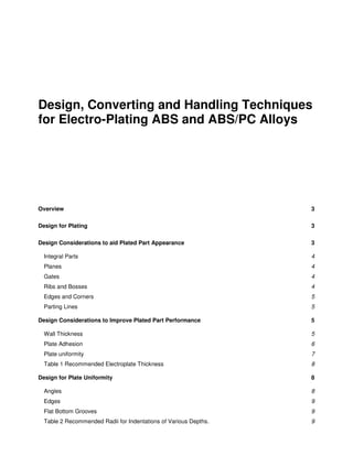 

Design, Converting and Handling Techniques
for Electro-Plating ABS and ABS/PC Alloys

Overview

3

Design for Plating

3

Design Considerations to aid Plated Part Appearance

3

Integral Parts

4

Planes

4

Gates

4

Ribs and Bosses

4

Edges and Corners

5

Parting Lines

5

Design Considerations to Improve Plated Part Performance

5

Wall Thickness

5

Plate Adhesion

6

Plate uniformity

7

Table 1 Recommended Electroplate Thickness

8

Design for Plate Uniformity

8

Angles

8

Edges

9

Flat Bottom Grooves

9

Table 2 Recommended Radii for Indentations of Various Depths.

9

 