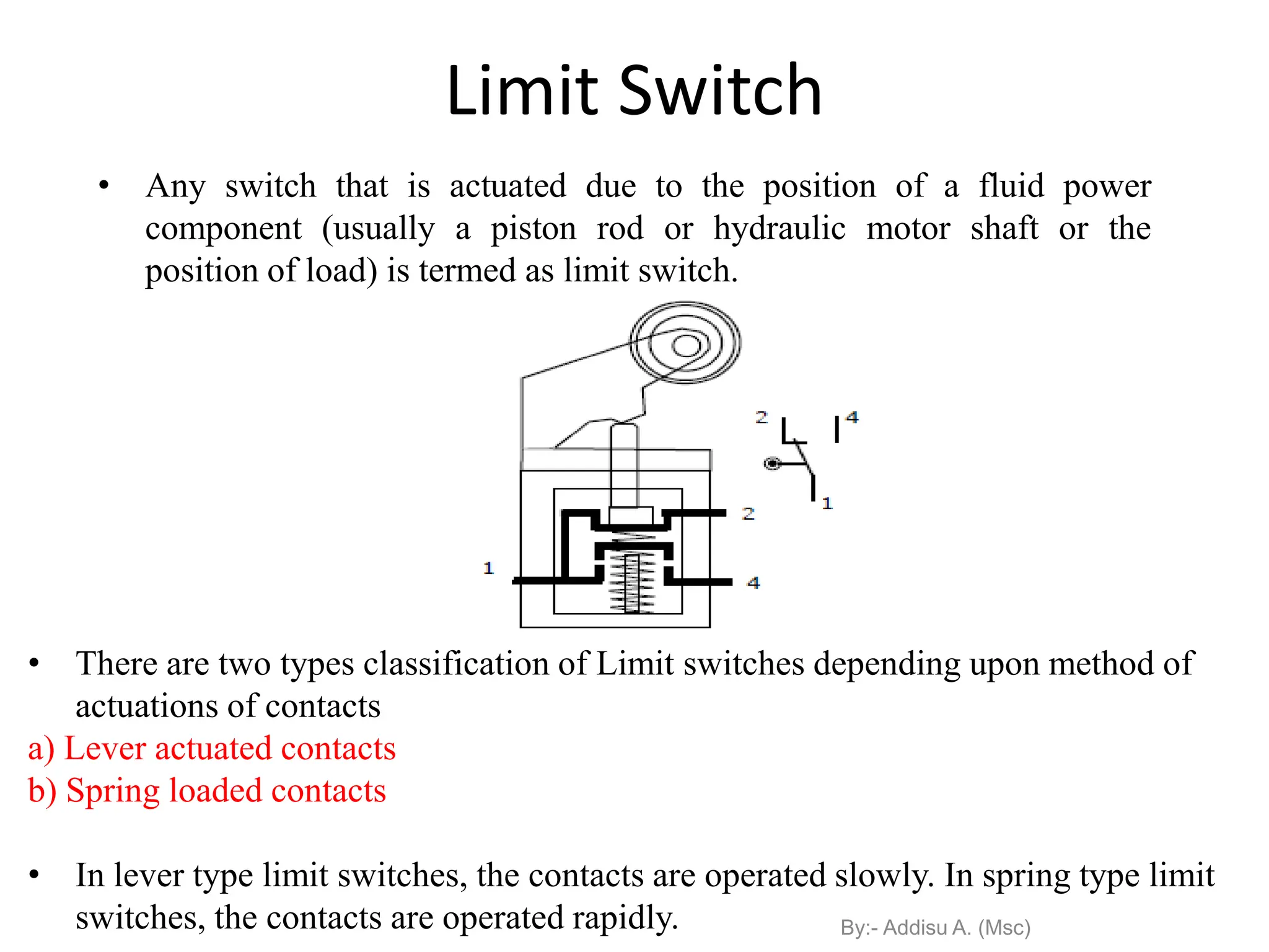 Limit Switch
• Any switch that is actuated due to the position of a fluid power
component (usually a piston rod or hydraulic motor shaft or the
position of load) is termed as limit switch.
• There are two types classification of Limit switches depending upon method of
actuations of contacts
a) Lever actuated contacts
b) Spring loaded contacts
• In lever type limit switches, the contacts are operated slowly. In spring type limit
switches, the contacts are operated rapidly. By:- Addisu A. (Msc)
 
