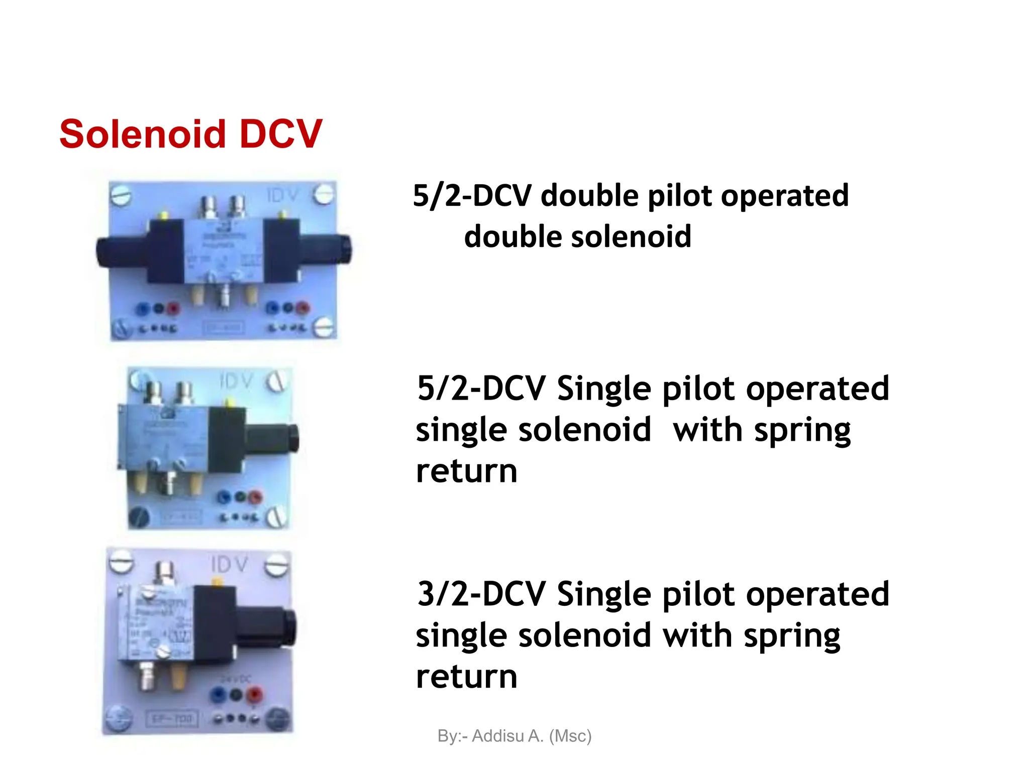 5/2-DCV Single pilot operated
single solenoid with spring
return
3/2-DCV Single pilot operated
single solenoid with spring
return
Solenoid DCV
5/2-DCV double pilot operated
double solenoid
By:- Addisu A. (Msc)
 