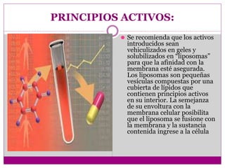 PRINCIPIOS ACTIVOS:
⚫ Se recomienda que los activos
introducidos sean
vehiculizados en geles y
solubilizados en “liposomas”
para que la afinidad con la
membrana esté asegurada.
Los liposomas son pequeñas
vesículas compuestas por una
cubierta de lípidos que
contienen principios activos
en su interior. La semejanza
de su envoltura con la
membrana celular posibilita
que el liposoma se fusione con
la membrana y la sustancia
contenida ingrese a la célula
 