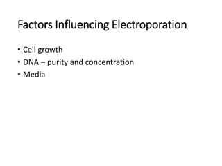 Factors Influencing Electroporation
• Cell growth
• DNA – purity and concentration
• Media
 