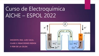 Curso de Electroquímica
AICHE – ESPOL 2022
DOCENTE: ING. LUIS VACA.
CLASE 2: REACCIONES REDOX
Y FEM DE LA CELDA
 