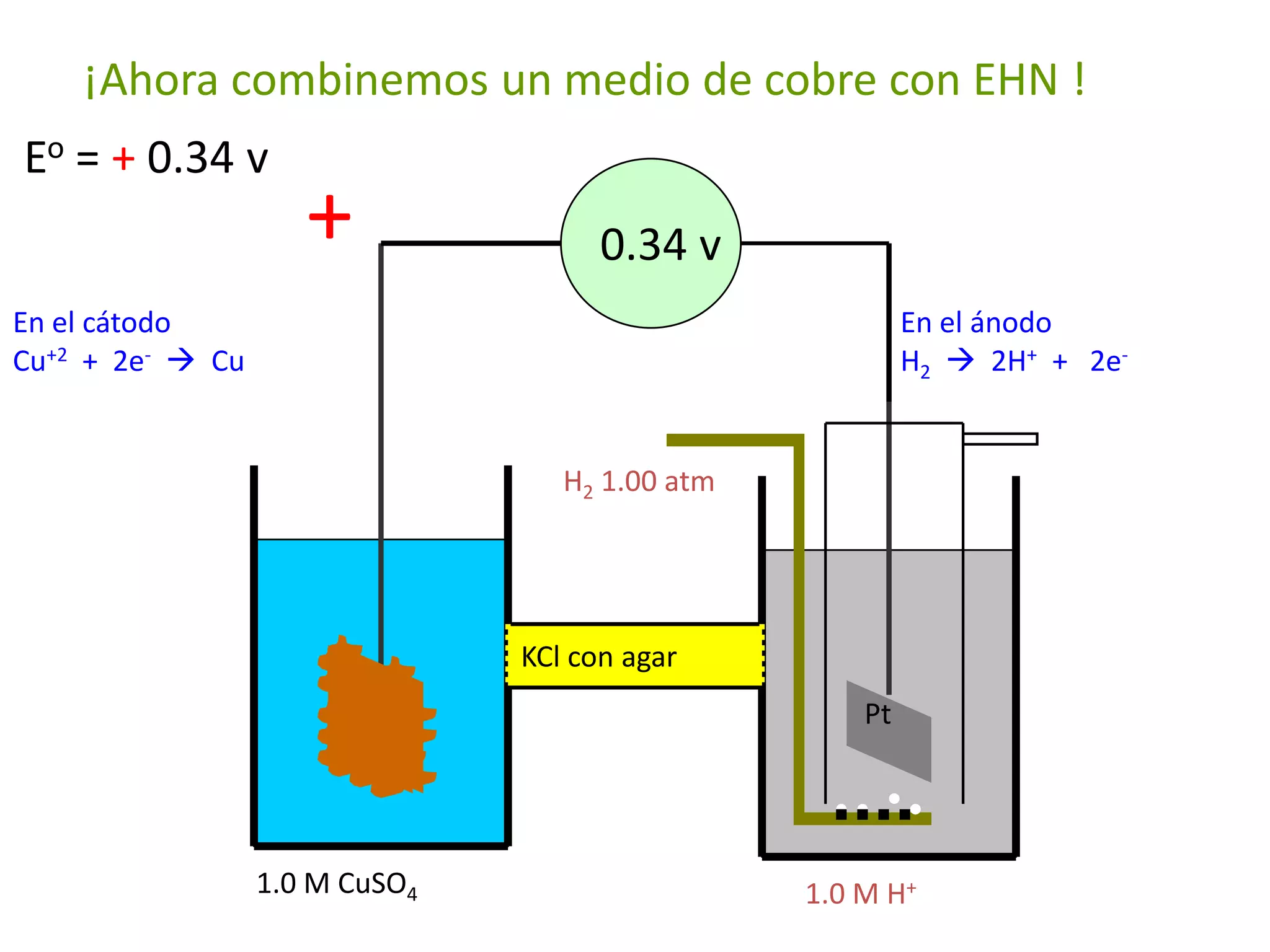 H2 1.00 atm
Pt
1.0 M H+
Cu
1.0 M CuSO4
0.34 v
En el cátodo
Cu+2 + 2e-  Cu
En el ánodo
H2  2H+ + 2e-
KCl con agar
+
¡Ahora combinemos un medio de cobre con EHN !
Eo = + 0.34 v
 