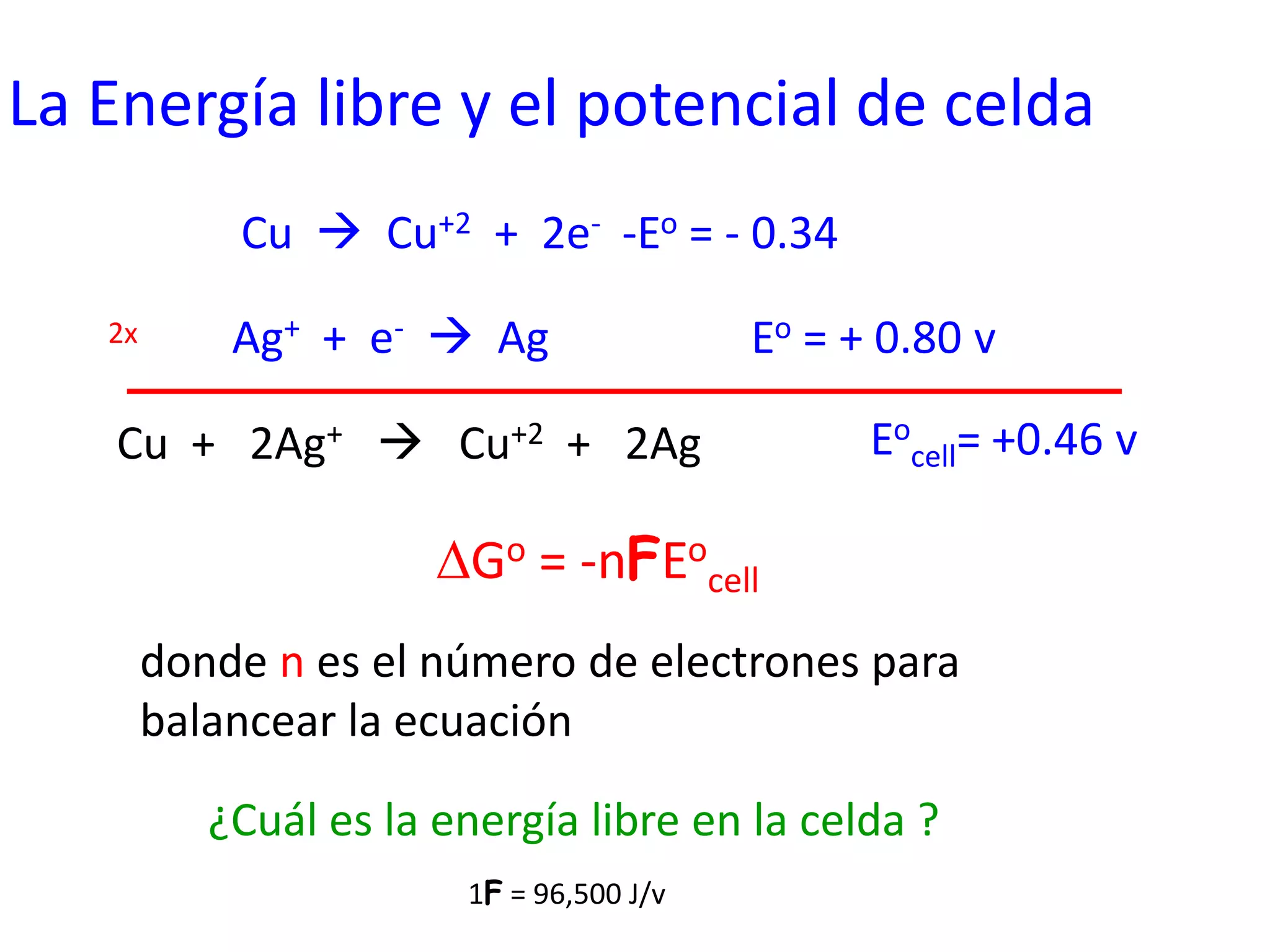DGo = -nFEo
cell
La Energía libre y el potencial de celda
Cu  Cu+2 + 2e- -Eo = - 0.34
Ag+ + e-  Ag Eo = + 0.80 v2x
Cu + 2Ag+  Cu+2 + 2Ag Eo
cell= +0.46 v
donde n es el número de electrones para
balancear la ecuación
¿Cuál es la energía libre en la celda ?
1F = 96,500 J/v
 