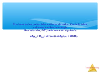 Electrochemistry
Con base en los potenciales estándar de reducción de la tabla,
calcule el cambio de energía
libre estándar, ΔG°, de la reacción siguiente:
4Ag(s) + O2(g) + 4H+
(ac)↔4Ag+(ac) + 2H2O(l)
 