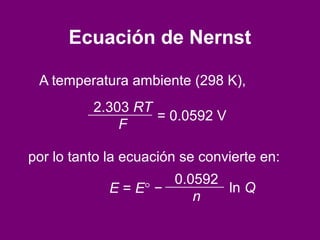 Ecuación de Nernst
A temperatura ambiente (298 K),
por lo tanto la ecuación se convierte en:
E = E° −
0.0592
n
ln Q
2.303 RT
F
= 0.0592 V
 