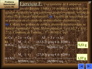37
Ejercicio F:Ejercicio F: Una corriente de 4 amperiosUna corriente de 4 amperios
circula durante 1 hora y 10 minutos a través de doscircula durante 1 hora y 10 minutos a través de dos
células electrolíticas que contienen, respectivamente, sulfato decélulas electrolíticas que contienen, respectivamente, sulfato de
cobre (II) y cloruro de aluminio,cobre (II) y cloruro de aluminio, a)a) Escriba las reacciones queEscriba las reacciones que
se producen en el cátodo de ambas células electrolíticas.se producen en el cátodo de ambas células electrolíticas.
b)b) Calcule los gramos de cobre y aluminio metálicos que seCalcule los gramos de cobre y aluminio metálicos que se
habrán depositado. Datos: Masas atómicas: Cu = 63,5 y Al =habrán depositado. Datos: Masas atómicas: Cu = 63,5 y Al =
27,0. Constante de Faraday : F = 96500 C·eq27,0. Constante de Faraday : F = 96500 C·eq-1-1
a)a) Cu2+
+ 2 e–
→ Cu ; Al3+
+ 3 e–
→ Al
b)b) Meq · I · t (63,5/2) g/eq·4 A· 4200 s
m (Cu) = ————— = ——————————— = 5,53 g5,53 g
96500 C/eq 96500 C/eq
Meq · I · t (27,0/3) g/eq·4 A· 4200 s
m (Al) = ————— = ——————————— = 1,57 g1,57 g
96500 C/eq 96500 C/eq
Problema
Selectividad
(Junio 98)
Problema
Selectividad
(Junio 98)
 