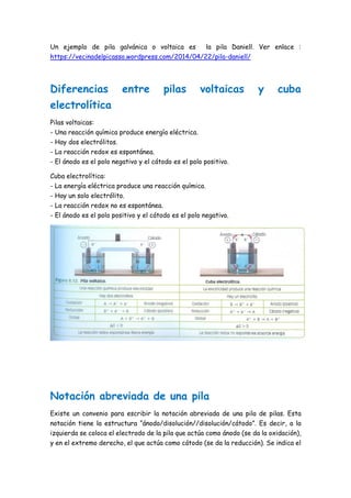 Un ejemplo de pila galvánica o voltaica es la pila Daniell. Ver enlace :
https://vecinadelpicasso.wordpress.com/2014/04/22/pila-daniell/
Diferencias entre pilas voltaicas y cuba
electrolítica
Pilas voltaicas:
- Una reacción química produce energía eléctrica.
- Hay dos electrólitos.
- La reacción redox es espontánea.
- El ánodo es el polo negativo y el cátodo es el polo positivo.
Cuba electrolítica:
- La energía eléctrica produce una reacción química.
- Hay un solo electrólito.
- La reacción redox no es espontánea.
- El ánodo es el polo positivo y el cátodo es el polo negativo.
Notación abreviada de una pila
Existe un convenio para escribir la notación abreviada de una pila de pilas. Esta
notación tiene la estructura “ánodo/disolución//disolución/cátodo”. Es decir, a la
izquierda se coloca el electrodo de la pila que actúa como ánodo (se da la oxidación),
y en el extremo derecho, el que actúa como cátodo (se da la reducción). Se indica el
 