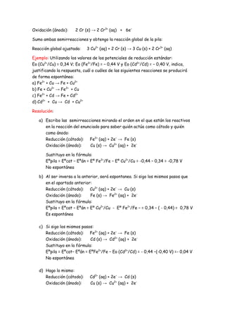 Oxidación (ánodo): 2 Cr (s) → 2 Cr3+
(aq) + 6e–
Sumo ambas semirreacciones y obtengo la reacción global de la pila:
Reacción global ajustada: 3 Cu2+
(aq) + 2 Cr (s) → 3 Cu (s) + 2 Cr3+
(aq)
Ejemplo: Utilizando los valores de los potenciales de reducción estándar:
Eo (Cu2+
/Cu) = 0,34 V; Eo (Fe2+
/Fe) = − 0,44 V y Eo (Cd2+
/Cd) = − 0,40 V, indica,
justificando la respuesta, cuál o cuáles de las siguientes reacciones se producirá
de forma espontánea:
a) Fe2+
+ Cu → Fe + Cu2+
b) Fe + Cu2+
→ Fe2+
+ Cu
c) Fe2+
+ Cd → Fe + Cd2+
d) Cd2+
+ Cu → Cd + Cu2+
Resolución:
a) Escribo las semirreacciones mirando el orden en el que están los reactivos
en la reacción del enunciado para saber quién actúa como cátodo y quién
como ánodo:
Reducción (cátodo): Fe2+
(aq) + 2e–
→ Fe (s)
Oxidación (ánodo): Cu (s) → Cu2+
(aq) + 2e-
Sustituyo en la fórmula:
Eºpila = Eºcat − Eºán = Eº Fe2+
/Fe − Eº Cu2+
/Cu = -0,44 – 0,34 = -0,78 V
No espontánea
b) Al ser inversa a la anterior, será espontanea. Si sigo los mismos pasos que
en el apartado anterior:
Reducción (cátodo): Cu2+
(aq) + 2e–
→ Cu (s)
Oxidación (ánodo): Fe (s) → Fe2+
(aq) + 2e-
Sustituyo en la fórmula:
Eºpila = Eºcat − Eºán = Eº Cu2+
/Cu - Eº Fe2+
/Fe − = 0,34 – ( - 0,44) = 0,78 V
Es espontánea
c) Si sigo los mismos pasos:
Reducción (cátodo): Fe2+
(aq) + 2e–
→ Fe (s)
Oxidación (ánodo): Cd (s) → Cd2+
(aq) + 2e-
Sustituyo en la fórmula:
Eºpila = Eºcat− Eºán = EºFe2+
/Fe − Eo (Cd2+
/Cd) = - 0,44 –(-0,40 V) =- 0,04 V
No espontánea
d) Hago lo mismo:
Reducción (cátodo): Cd2+
(aq) + 2e–
→ Cd (s)
Oxidación (ánodo): Cu (s) → Cu2+
(aq) + 2e-
 