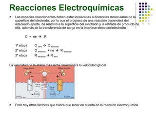 Reacciones Electroquímicas Las especies reaccionantes deben estar localizadas a distancias moleculares de la superficie del electrodo, por lo que el progreso de una reacción dependerá del adecuado aporte  de reactivo a la superficie del electrodo y la retirada de producto de ella, además de la transferencia de carga en la interfase electrodo/electrolito O  +  ne -     R 1ª etapa  O  seno      O  electrodo 2ª etapa  O  electrodo   + ne -      R  electrodo 3ª etapa  R  electrodo     R  seno La velocidad de la etapa más lenta determinará la velocidad global Pero hay otros factores que habrá que tener en cuenta en la reacción electroquímica 
