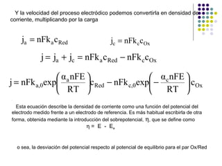 Y la velocidad del proceso electródico podemos convertirla en densidad de  corriente, multiplicando por la carga Esta ecuación describe la densidad de corriente como una función del potencial del electrodo medido frente a un electrodo de referencia. Es más habitual escribirla de otra forma, obtenida mediante la introducción del sobrepotencial,    , que se define como      =  E  -  E e o sea, la desviación del potencial respecto al potencial de equilibrio para el par Ox/Red 