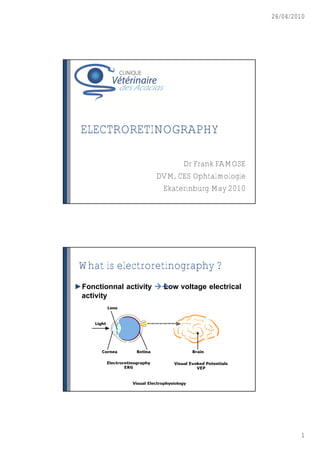 26/04/2010




 ELECTRORETINOGRAPHY

                            Dr Frank FAMOSE
                      DVM, CES Ophtalmologie
                       Ekaterinburg May 2010




What is electroretinography ?
►Fonctionnal activity 
                       Low voltage electrical
 activity




                                                        1
 