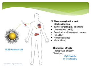  Pharmacokinetics and
biodistribution
 Tumor targeting (EPR effect)
 Liver uptake (RES)
 Penetration of biological barriers
 (eg.BBB)
 Renal clearance
 Metabolism
Biological effects
Therapeutic efficacy
Toxicity -;
Cytotoxicity
In vivo toxicity
Gold nanoparticle
surya prabhakar singh- electrosome
 