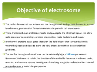 Objective of electrosome
 The molecular roots of our actions and the thoughts and feelings that drive us to act are
ion channels, proteins that form macromolecular pores in cell membranes.
 These transmembrane proteins generate and propagate the electrical signals the allow
us to sense our surroundings, process information, make decisions, and move.
 Ion channel proteins act as gates that span the lipid bilayer that surrounds all cells
where they open and close to allow the flow of ions down their electrochemical
gradients.
 The ion flux through a channel pore can be extremely high, ≈106 ions per second.
Because of their central role in the function of the excitable tissuessuch as heart, brain,
muscles, and nervous system, investigators have long sought to understand ion channel
properties from a molecular perspective.surya prabhakar singh- electrosome
 