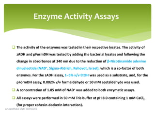  The activity of the enzymes was tested in their respective lysates. The activity of
zADH and pFormDH was tested by adding the bacterial lysates and following the
change in absorbance at 340 nm due to the reduction of β-Nicotinamide adenine
dinucleotide (NAD+, Sigma-Aldrich, Rehovot, Israel), which is a co-factor of both
enzymes. For the zADH assay, 1–5% v/v EtOH was used as a substrate, and, for the
pFormDH assay, 0.002% v/v formaldehyde or 50 mM acetaldehyde was used.
 A concentration of 1.05 mM of NAD+ was added to both enzymatic assays.
 All assays were performed in 50 mM Tris buffer at pH 8.0 containing 1 mM CaCl2
(for proper cohesin-dockerin interaction).
Enzyme Activity Assays
surya prabhakar singh- electrosome
 