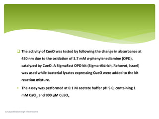  The activity of CueO was tested by following the change in absorbance at
430 nm due to the oxidation of 3.7 mM o-phenylenediamine (OPD),
catalyzed by CueO. A SigmaFast OPD kit (Sigma-Aldrich, Rehovot, Israel)
was used while bacterial lysates expressing CueO were added to the kit
reaction mixture.
 The assay was performed at 0.1 M acetate buffer pH 5.0, containing 1
mM CaCl2 and 800 μM CuSO4
surya prabhakar singh- electrosome
 