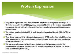 Protein Expression
 For protein expression, a 10-mL culture of E. coli bacteria was grown overnight at 37
°C in at a concentration of 100 μg/mL. A volume of 1.0 mL of the culture was used to
inoculate a 100-mL culture in the same medium containing carbenicillin at the same
concentration.
 The culture was incubated at 37 °C until it reached an optical density (O.D.) of 0.5 at
600 nm.
 Then 1 mM Isopropyl β-d-1-thiogalactopyranoside (IPTG, Inalco, San Luis Obispo, CA,
USA) was added to induce protein expression, followed by the overnight incubation
of the cultures at 20 °C.
 The bacteria cultures were lysed by sonication, and the lysates containing the
proteins were separated by precipitation. The cells were lysed in 50 mM Tris buffer,
pH 8.0, containing 1 mM CaCl2.
surya prabhakar singh- electrosome
 