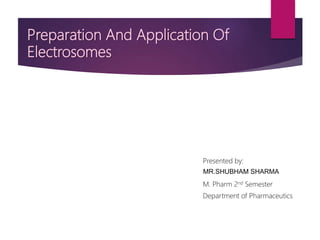 Preparation And Application Of
Electrosomes
HOD And Assistant Professor
Department of Pharmaceutics
Presented by:
M. Pharm 2nd Semester
Department of Pharmaceutics
MR.SHUBHAM SHARMA
 