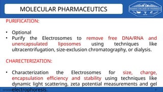 03/10/2025 17
MOLECULAR PHARMACEUTICS
PURIFICATION:
• Optional
• Purify the Electrosomes to remove free DNA/RNA and
unencapsulated liposomes using techniques like
ultracentrifugation, size-exclusion chromatography, or dialysis.
CHARECTERIZATION:
• Characterization the Electrosomes for size, charge,
encapsulation efficiency and stability using techniques like
dynamic light scattering, zeta potential measurements and gel
electrophoresis.
 