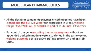 03/10/2025 21
MOLECULAR PHARMACEUTICS
• All the dockerin containing enzymes encoding genes have been
cloned into the pET12b vector for expression in E>coli, yielding
the pET15b-zADH-AC, pFormDH-Ct and PET15b-CueO-Ct vectors.
• For control the gene encoding the native enzymes without an
appended dockerin module were also cloned in the same vector,
yielding plasmids pET15b-zADH, pET15b-pFormDH and pET15b-
CueO.
 