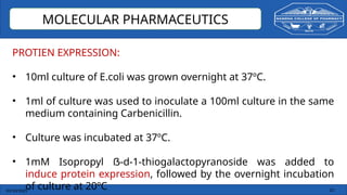 03/10/2025 23
MOLECULAR PHARMACEUTICS
PROTIEN EXPRESSION:
• 10ml culture of E.coli was grown overnight at 37ºC.
• 1ml of culture was used to inoculate a 100ml culture in the same
medium containing Carbenicillin.
• Culture was incubated at 37ºC.
• 1mM Isopropyl ẞ-d-1-thiogalactopyranoside was added to
induce protein expression, followed by the overnight incubation
of culture at 20ºC
 