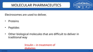 03/10/2025 4
MOLECULAR PHARMACEUTICS
Electrosomes are used to deliver,
• Proteins
• Peptides
• Other biological molecules that are difficult to deliver in
traditional way
Insulin – in treatment of
diabetes
 