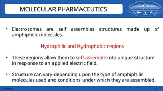 03/10/2025 6
MOLECULAR PHARMACEUTICS
• Electrosomes are self assembles structures made up of
amphiphilic molecules.
Hydrophilic and Hydrophobic regions
• These regions allow them to self assemble into unique structure
in response to an applied electric field.
• Structure can vary depending upon the type of amphiphilic
molecules used and conditions under which they are assembled.
 