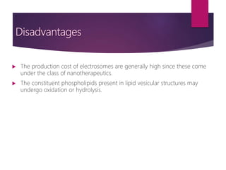 Disadvantages
 The production cost of electrosomes are generally high since these come
under the class of nanotherapeutics.
 The constituent phospholipids present in lipid vesicular structures may
undergo oxidation or hydrolysis.
 
