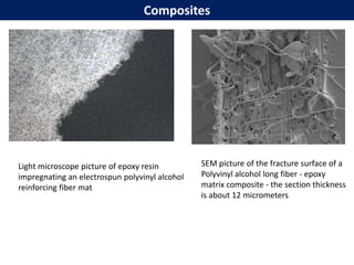 Light microscope picture of epoxy resin
impregnating an electrospun polyvinyl alcohol
reinforcing fiber mat
SEM picture of the fracture surface of a
Polyvinyl alcohol long fiber - epoxy
matrix composite - the section thickness
is about 12 micrometers
Composites
 