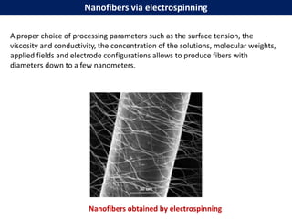 A proper choice of processing parameters such as the surface tension, the
viscosity and conductivity, the concentration of the solutions, molecular weights,
applied fields and electrode configurations allows to produce fibers with
diameters down to a few nanometers.
Nanofibers obtained by electrospinning
Nanofibers via electrospinning
 