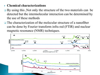  Chemical characterizations
 By using this ,Not only the structure of the two materials can be
detected but the intermolecular interaction can be determined by
the use of these methods
 The characterization of the molecular structure of a nanofiber
can be done by Fourier transform infra red (FTIR) and nuclear
magnetic resonance (NMR) techniques.
 