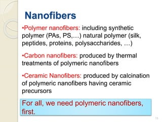 Nanofibers
•Polymer nanofibers: including synthetic
polymer (PAs, PS,…) natural polymer (silk,
peptides, proteins, polysaccharides, …)
•Carbon nanofibers: produced by thermal
treatments of polymeric nanofibers
•Ceramic Nanofibers: produced by calcination
of polymeric nanofibers having ceramic
precursors
For all, we need polymeric nanofibers,
first.
15
 