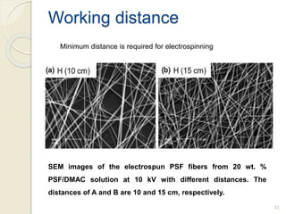 SEM images of the electrospun PSF fibers from 20 wt. %
PSF/DMAC solution at 10 kV with different distances. The
distances of A and B are 10 and 15 cm, respectively.
33
Working distance
Minimum distance is required for electrospinning
 