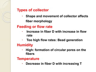 Types of collector
 Shape and movement of collector affects
fiber morphology
Feeding or flow rate
 Increase in fiber D with increase in flow
rate
 Too high flow rates: Bead generation
Humidity
 High: formation of circular pores on the
fibers
Temperature
 Decrease in fiber D with increasing T
 