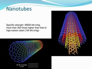 Nanotubes
Specific strength: 48000 kN.m/kg
more than 300 times higher than that of
high-carbon steel (154 kN.m/kg)
 