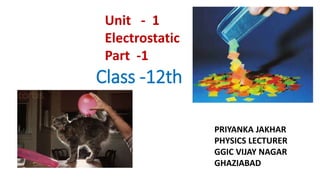 Class -12th
PRIYANKA JAKHAR
PHYSICS LECTURER
GGIC VIJAY NAGAR
GHAZIABAD
Unit - 1
Electrostatic
Part -1
 