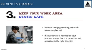 PREVENT ESD DAMAGE
ESD Control
13
• Remove charge generating materials
(common plastics)
• If an air ionizer is needed for your
process, ensure that it is turned on and
operating in the right direction
 