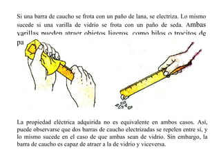 Si una barra de caucho se frota con un paño de lana, se electriza. Lo mismo sucede si una varilla de vidrio se frota con un paño de seda. A mbas varillas pueden atraer objetos ligeros, como hilos o trocitos de papel,  La propiedad eléctrica adquirida no es equivalente en ambos casos. Así, puede observarse que dos barras de caucho electrizadas se repelen entre sí, y lo mismo sucede en el caso de que ambas sean de vidrio. Sin embargo, la barra de caucho es capaz de atraer a la de vidrio y viceversa. 